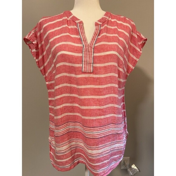 TALBOTS 100% Linen Pink White Stripe Cap Sleeve Tunic Top M - Picture 1 of 7